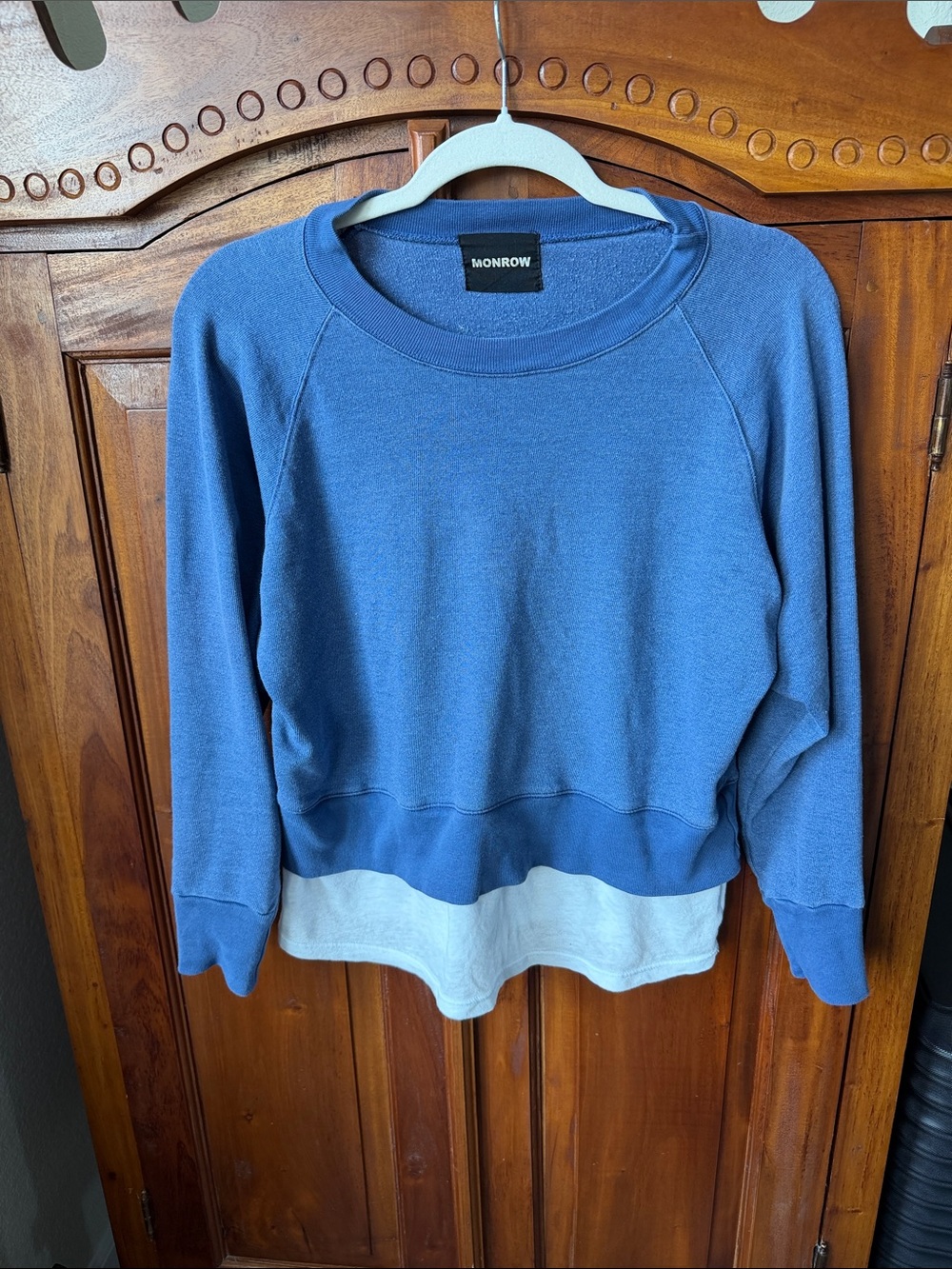 Monrow Two-Tone Blue and Cream Layered Crewneck Sweater